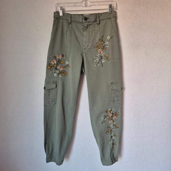 Sundance Orchard Floral Embroidered Cargo Jogger Boho Pants Elastic Waist Green - Picture 3 of 12